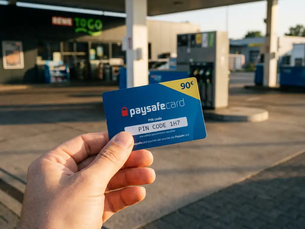 Hand hält eine PaysafeCard-Gutscheinkarte an einer deutschen Tankstelle mit Zapfsäulen im unscharfen Hintergrund.