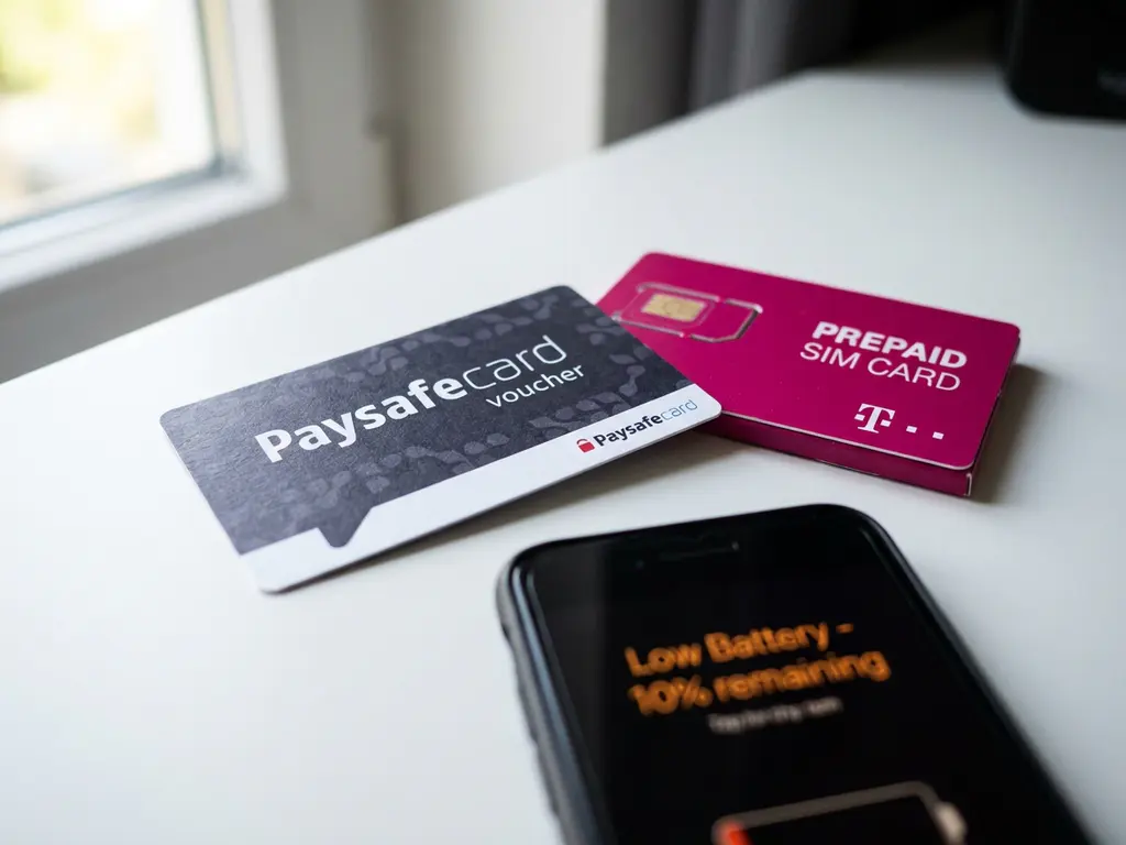 PaysafeCard-Gutschein neben Telekom Magenta Prepaid-SIM-Karte auf weißem Tisch, Smartphone mit Akku-Warnung im Hintergrund.