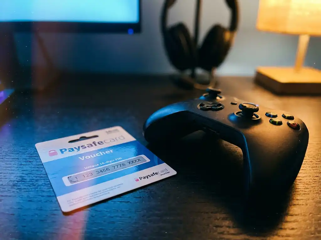 PaysafeCard-Gutschein neben einem Gaming-Controller auf dunklem Schreibtisch mit blauem Bildschirmschimmer und unscharfem Headset im Hintergrund.