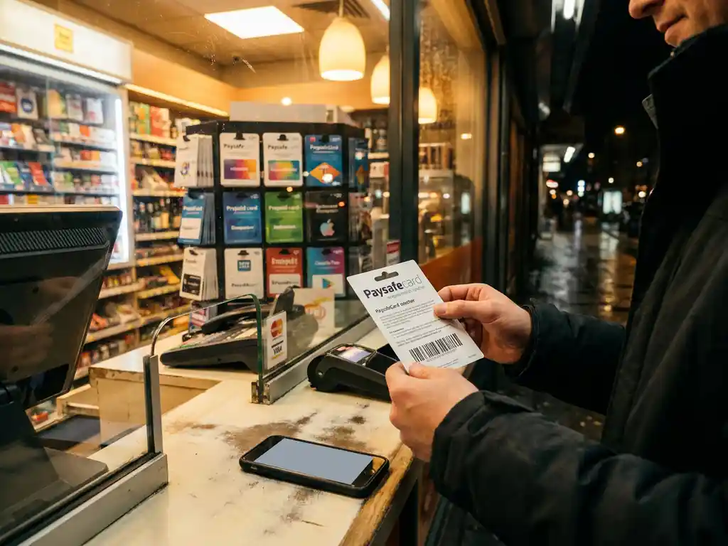 Person kauft PaysafeCard-Gutschein an beleuchtetem Convenience-Store-Tresen, Prepaid-Karten im Regal, Smartphone ohne Signal daneben.