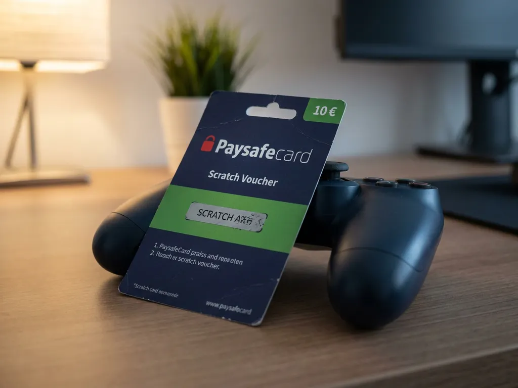 PaysafeCard-Gutschein lehnt an einem PlayStation-Controller auf einem modernen Schreibtisch, weiches Licht betont die Kartenoberfläche.