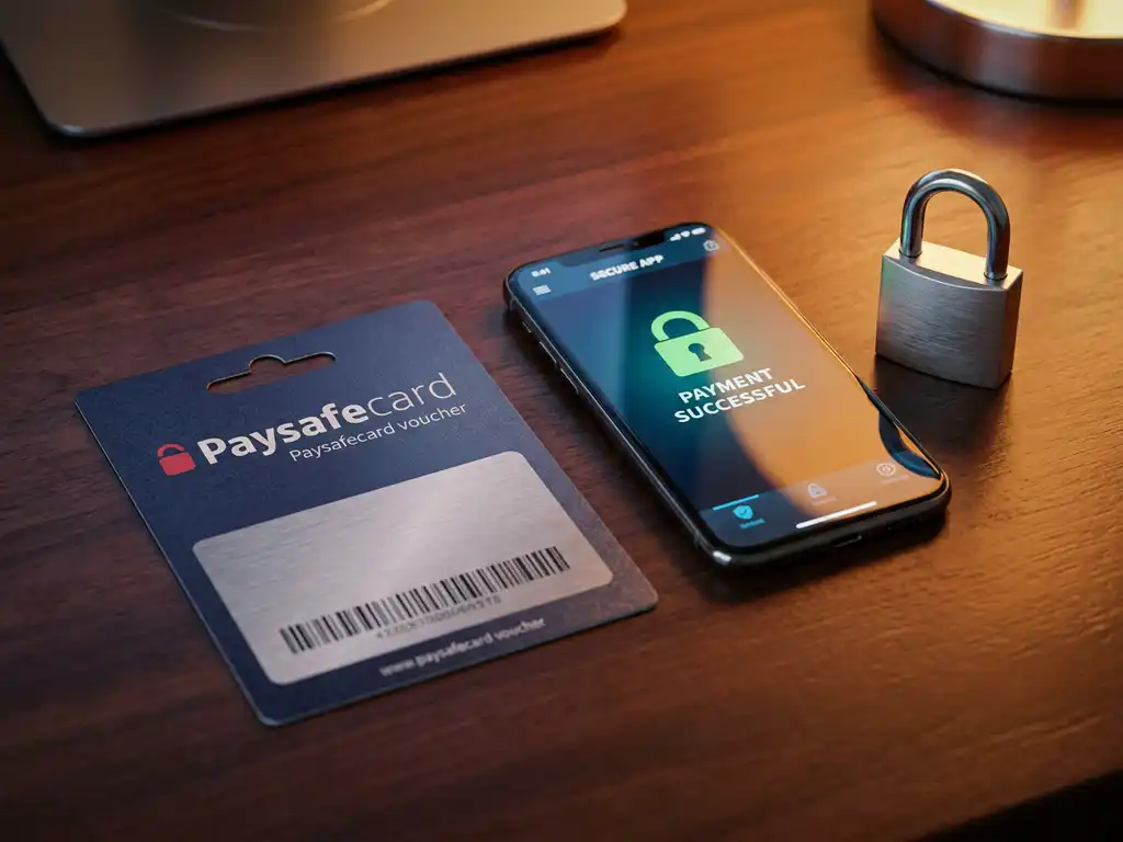 PaysafeCard-Gutschein auf dunklem Schreibtisch neben Smartphone mit Zahlungsbestätigung und Vorhängeschloss-Symbol für sicheres Bezahlen.
