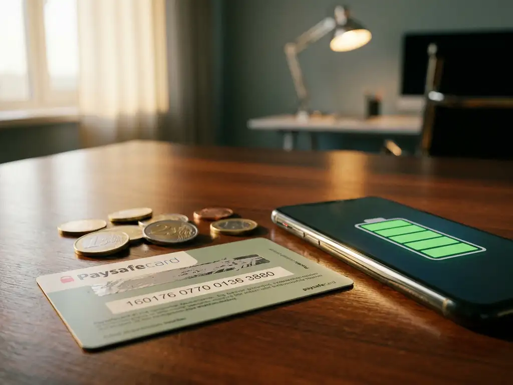 Paysafecard-Gutschein auf modernem Schreibtisch neben Smartphone mit vollem Akku und Euromünzen im weichen Fensterlicht.