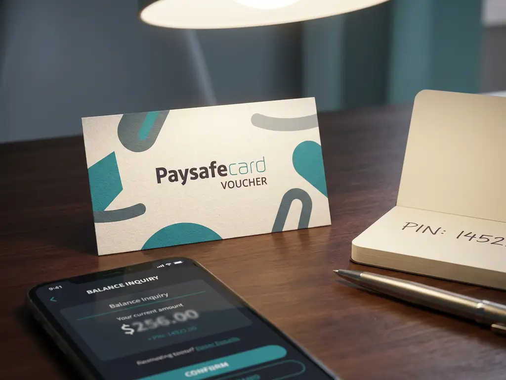 Paysafecard-Gutschein auf dunklem Schreibtisch neben Smartphone mit Kontostandsabfrage und Notizblock mit PIN-Code.