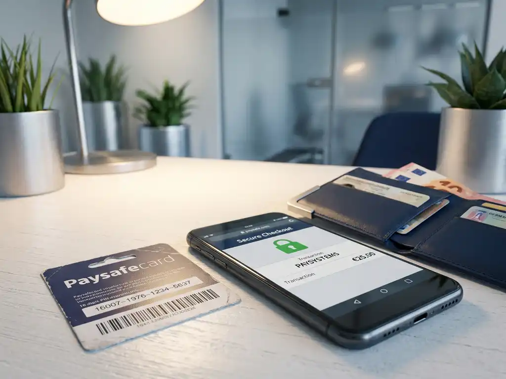 PaysafeCard-Gutschein auf weißem Schreibtisch neben Smartphone mit sicherem Checkout und geöffnetem Portemonnaie.