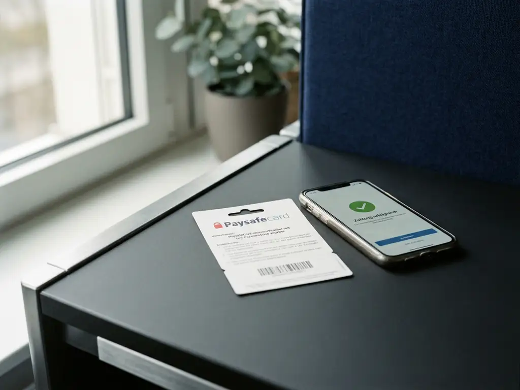PaysafeCard-Gutschein auf modernem Schreibtisch neben Smartphone mit Zahlungsbestätigung, natürliches Fensterlicht.