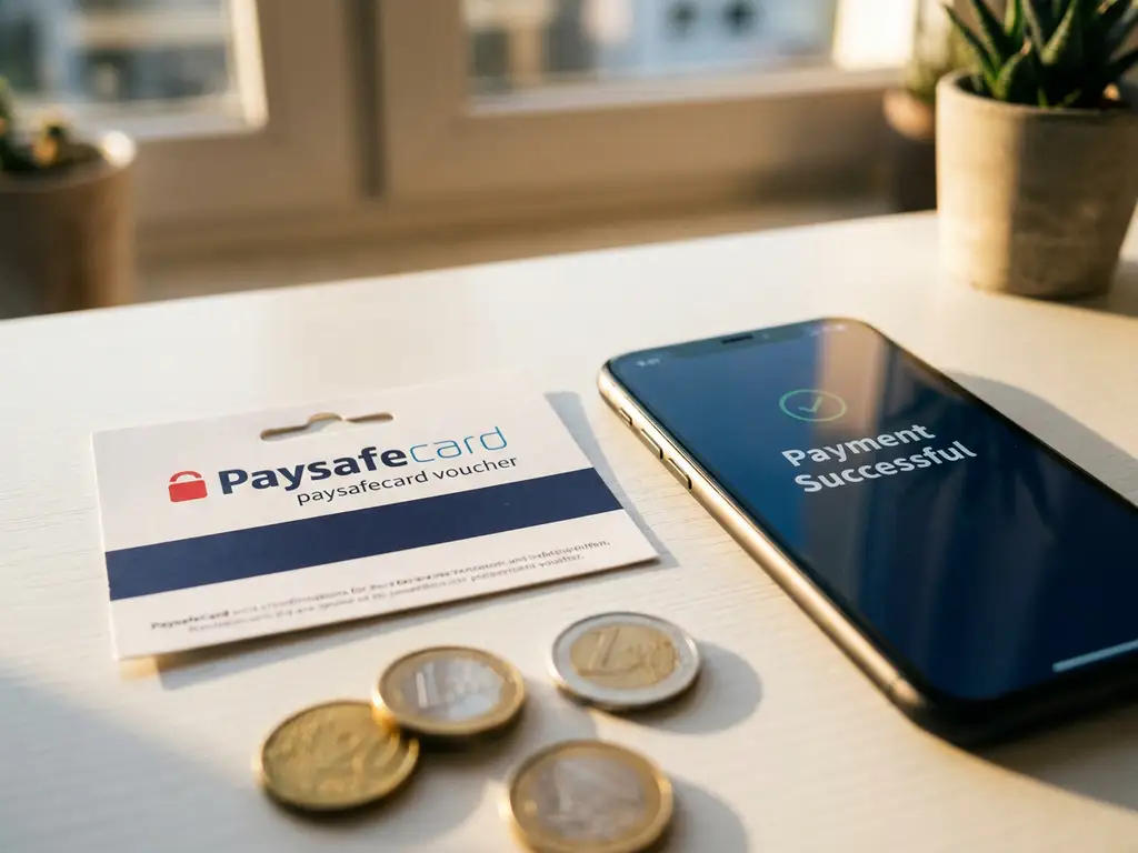 PaysafeCard-Gutschein neben Smartphone mit Zahlungsbestätigung, Euromünzen auf weißem Schreibtisch, warmes Abendlicht.