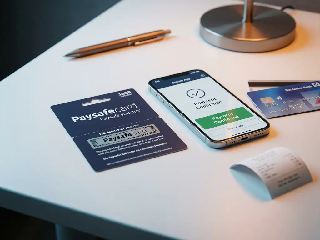 PaysafeCard-Gutschein neben Smartphone mit Zahlungsbestätigung, Kreditkarte und Kassenbon auf weißem Schreibtisch.