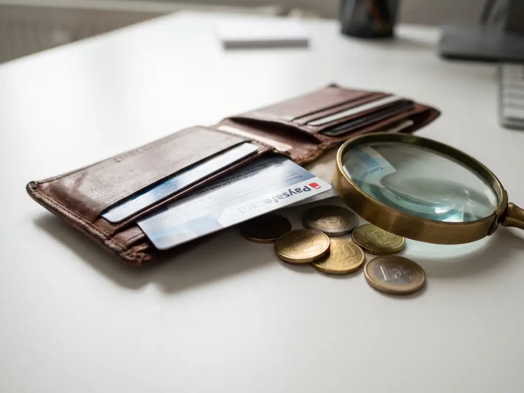 Verwittertes Lederportemonnaie mit PaysafeCard-Gutschein und Euromünzen auf weißem Schreibtisch, Lupe zeigt Kleingedrucktes.