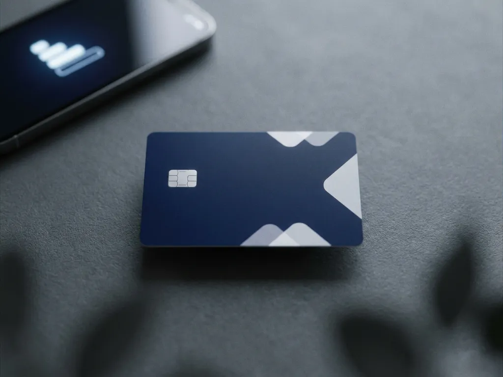 Prepaid-SIM-Karte auf matter Oberfläche mit unscharf verschwommenem Smartphone im Hintergrund, Draufsicht.