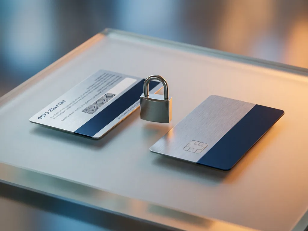 Prepaid-Karte und Bankkarte auf Milchglas mit kleinem Vorhängeschloss, kühle Silber- und Marineblautoöne, Studiobeleuchtung.
