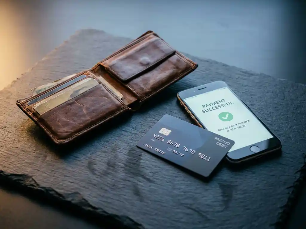Aufgeklappte Ledergeldbörse auf Schieferoberfläche neben Prepaid-Karte und Smartphone mit Zahlungsbestätigung.