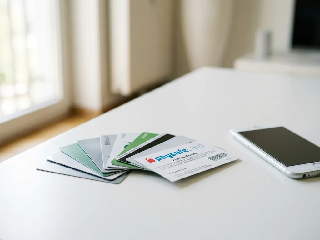 Prepaid-Karten und ein Paysafecard-Gutschein auf weißem Schreibtisch neben einem Smartphone, natürliches Tageslicht, kein Bankkonto nötig.