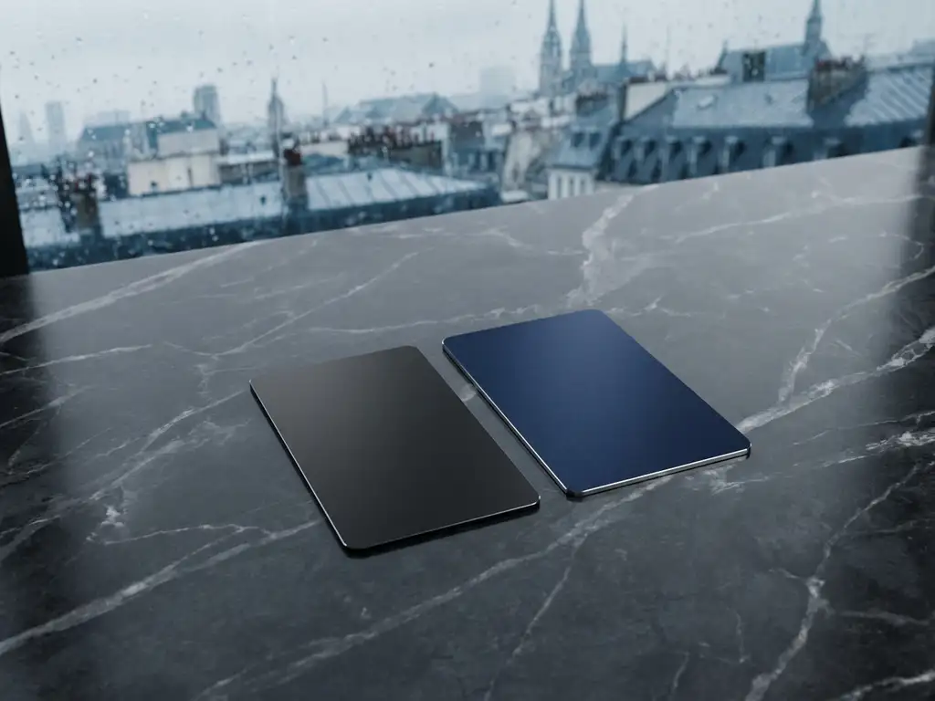 Matte schwarze und dunkelblaue Zahlungskarten auf dunkler Marmoroberfläche, verschwommene europäische Stadtkulisse im Hintergrund.