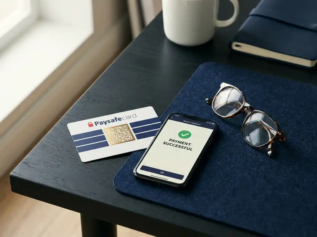 PaysafeCard-Gutschein auf modernem Schreibtisch neben Smartphone mit Zahlungsbestätigung und Lesebrille, navy-weißes Farbschema.